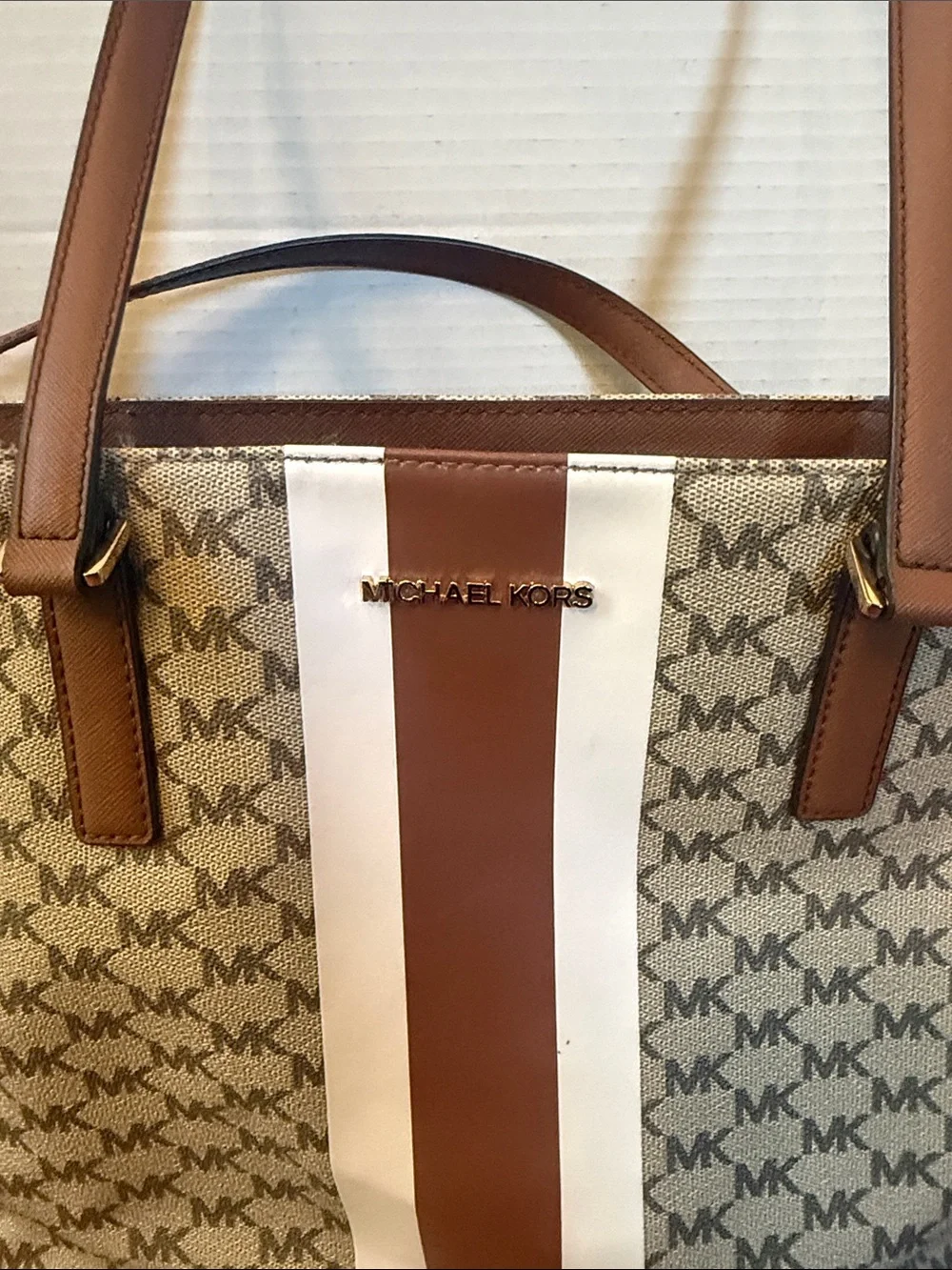Michael Kors monogram Beige and Brown Logo Stripe Tote 13x16”READ